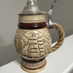 Nautical Themed Ceramic Beer Stein with Silver Lid